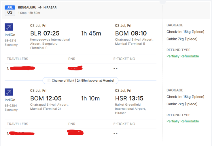 IndiGo outbound flight ticket: Bengaluru to Rajkot via Mumbai on 3 July 2026 – 6E-5216 and 6E-2284