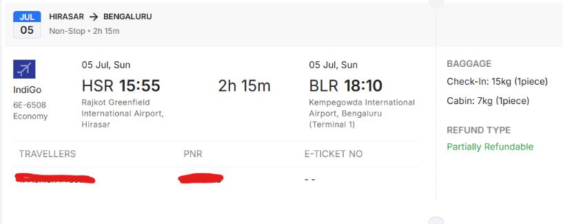 IndiGo return flight ticket: Rajkot Hirasar to Bengaluru on 5 July 2026 – 6E-6508 non-stop