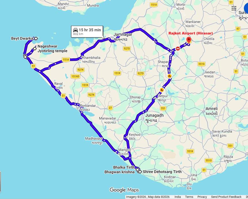 Google Maps screenshot showing the full Gujarat pilgrimage circuit route of 832 km covering all 6 sacred sites