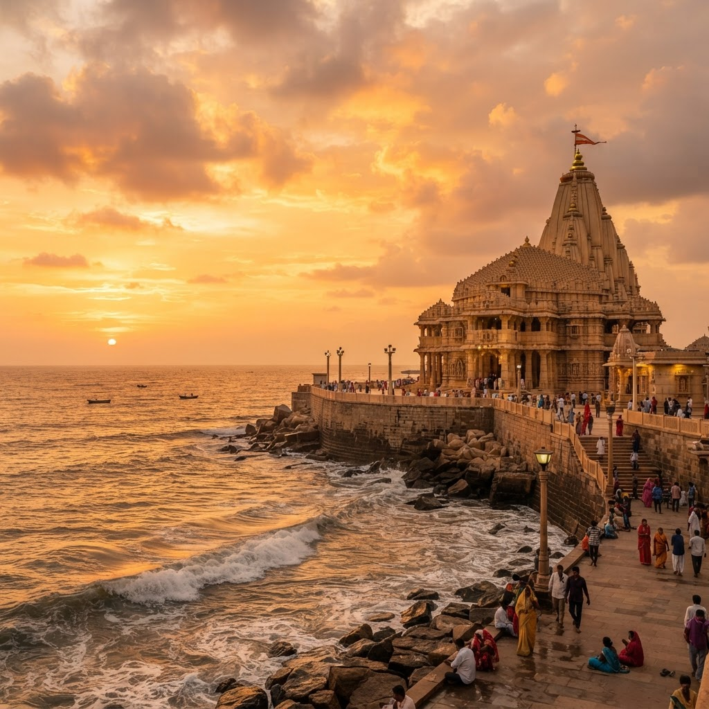 Somnath Jyotirling temple on the Arabian Sea shore at golden hour
